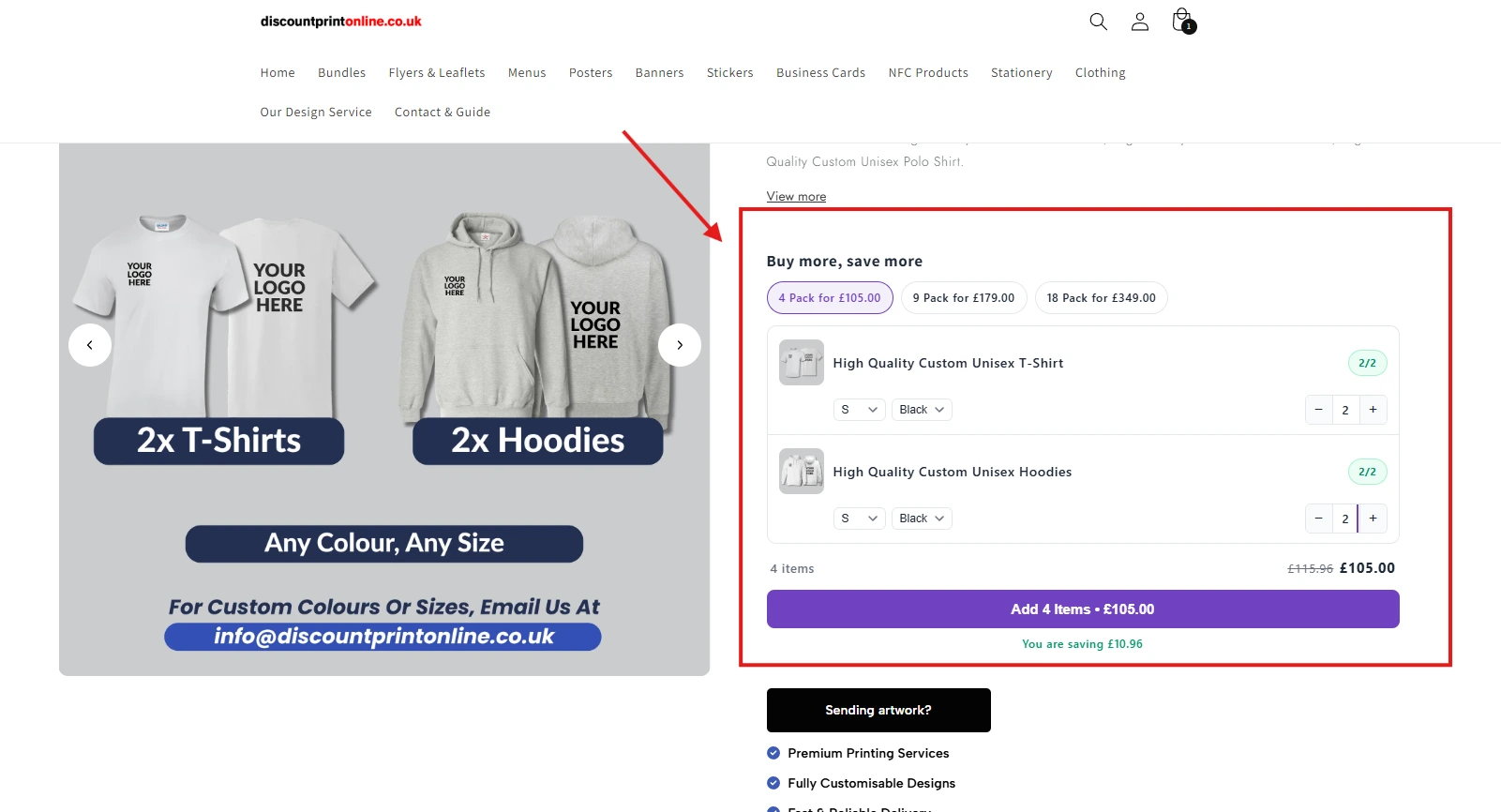 Discount Print Online PDP — 4 Pack builder in context