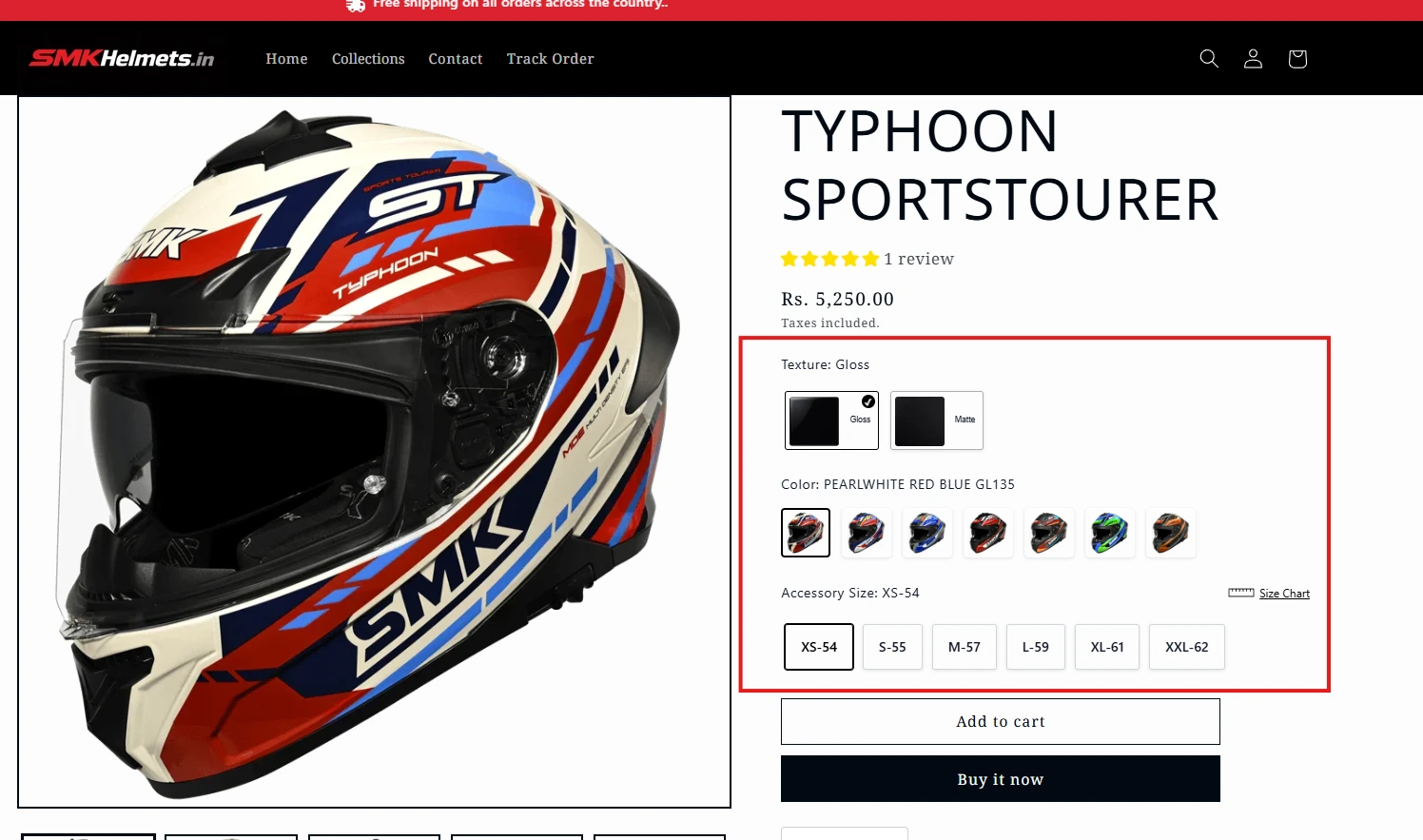 BOB's custom variant picker on SMK Helmets — texture swatches, colorway thumbnails, and a collection-specific size scale