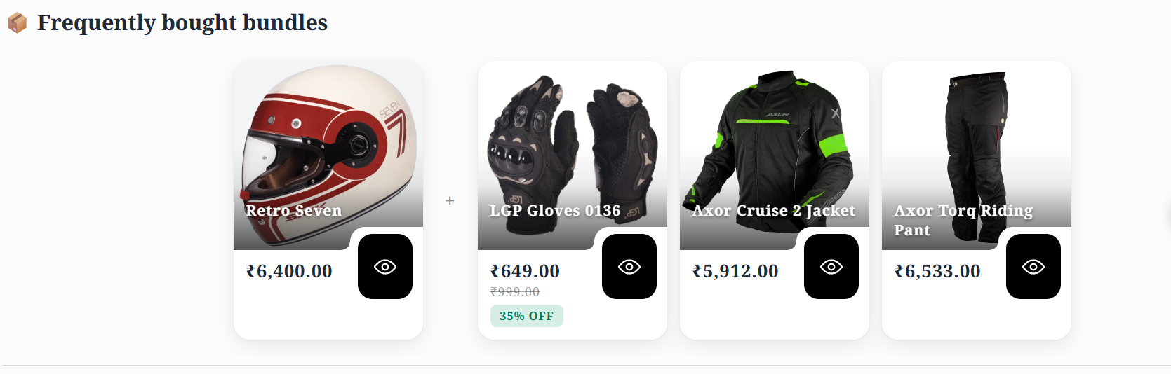 BOB's Frequently bought bundles on HelmetAdda — a helmet, riding gloves, a jacket and riding pants shown as one visual bundle