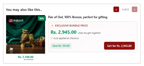 A closer view of the bundle card — exclusive price in green, savings callout, auto-apply promise, and a one-click CTA, framed as a set completion rather than an upsell