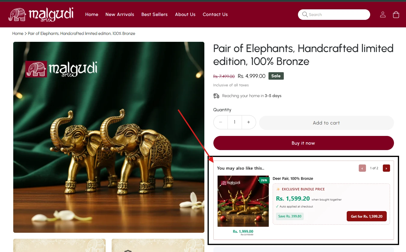 BOB's Buy X, Get Y offer on the Malgudi Arts PDP — the Elephants stay at full price; the Deer Pair is offered at an exclusive bundle price, available only when bought together